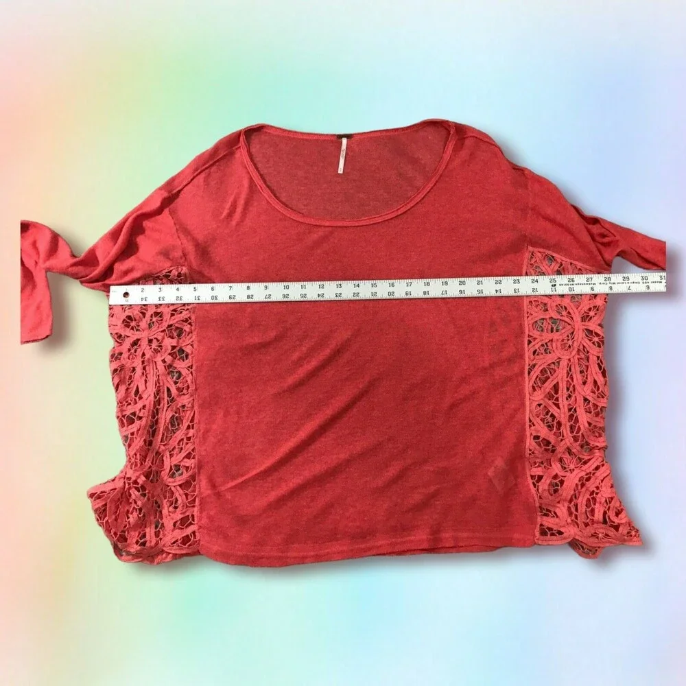 Free People Top‎ S orange/coral oversize sheer lace sides boho Linen Blend mesh